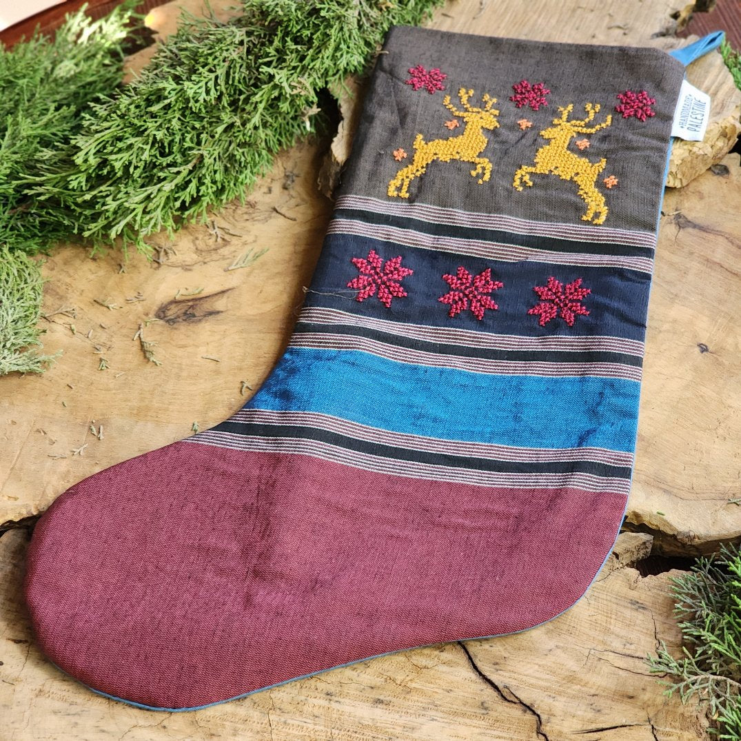 Hand Woven Gaza Majdalawi Fabric Christmas Stocking, Hand Embroidered by Women in Palestine