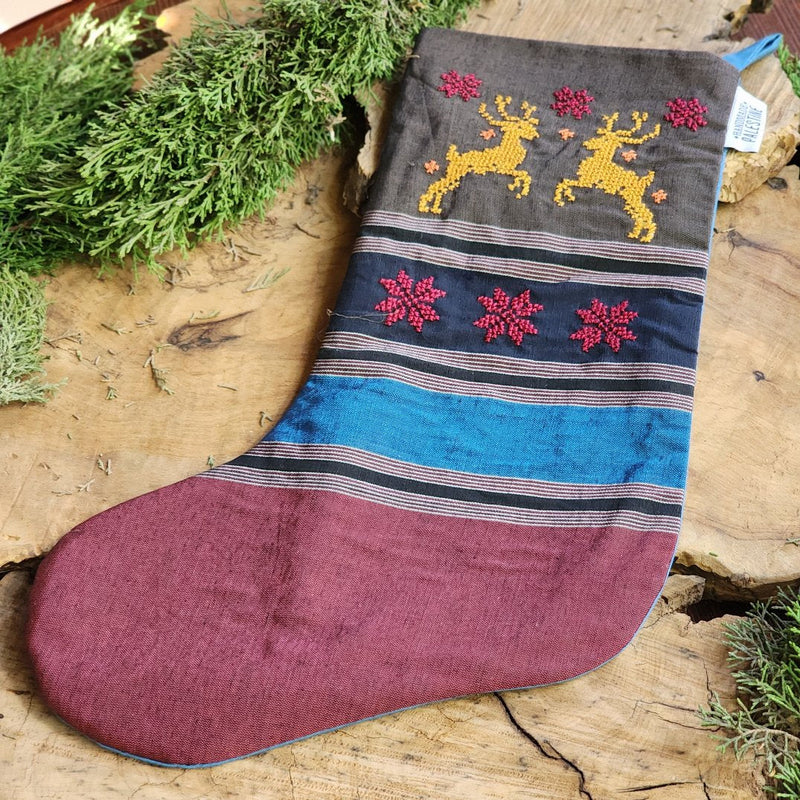 Hand Woven Gaza Majdalawi Fabric Christmas Stocking, Hand Embroidered by Women in Palestine