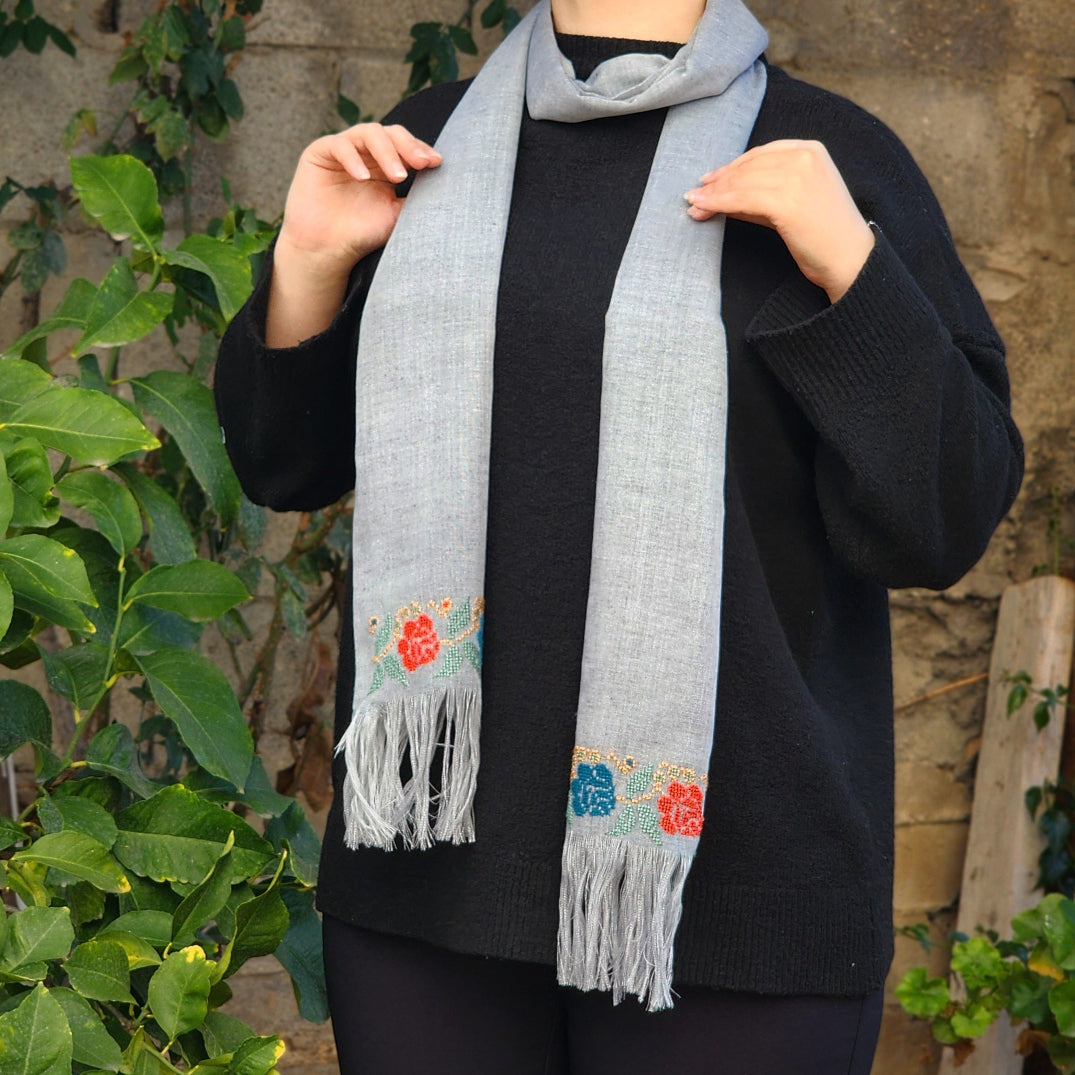 Palestinian Tatreez Scarf | Hand Embroidered in Palestine with Flowers on Grey