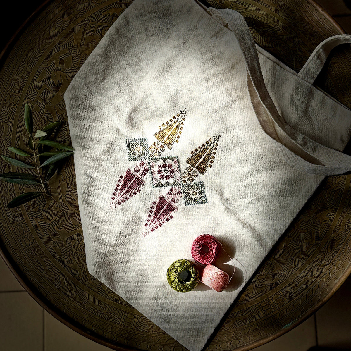 Palestinian Tatreez on Beige Tote Hand Stitched by Women Artisans in Palestine