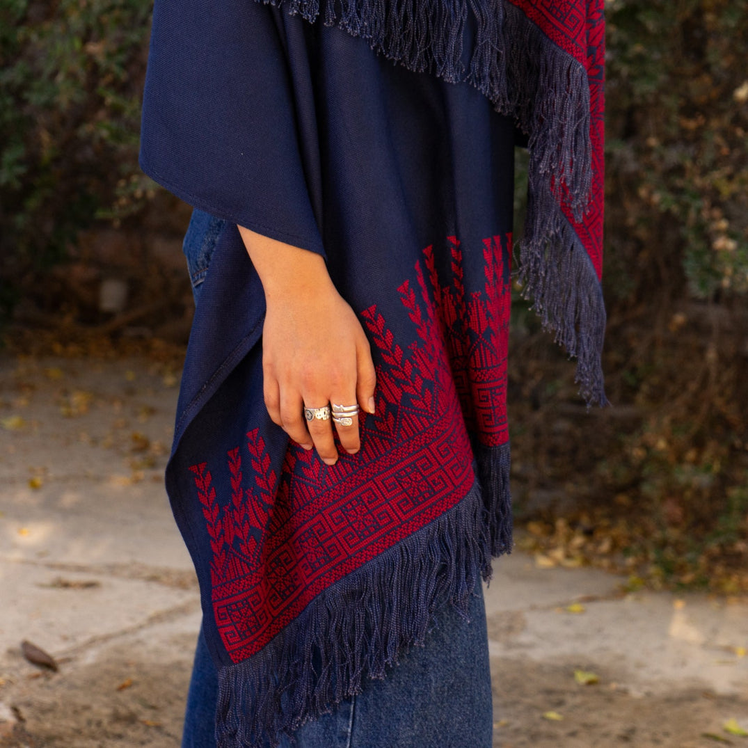 Shawl Hand Embroidered in Palestine | Traditional Palestinian Tatreez in Red on Navy Blue Rectangle