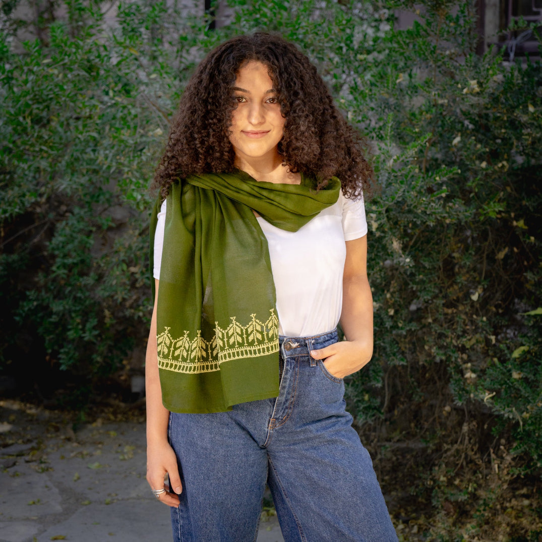 Summer Scarf with Palestinian Tatreez in Greens| Hand Embroidered in Palestine