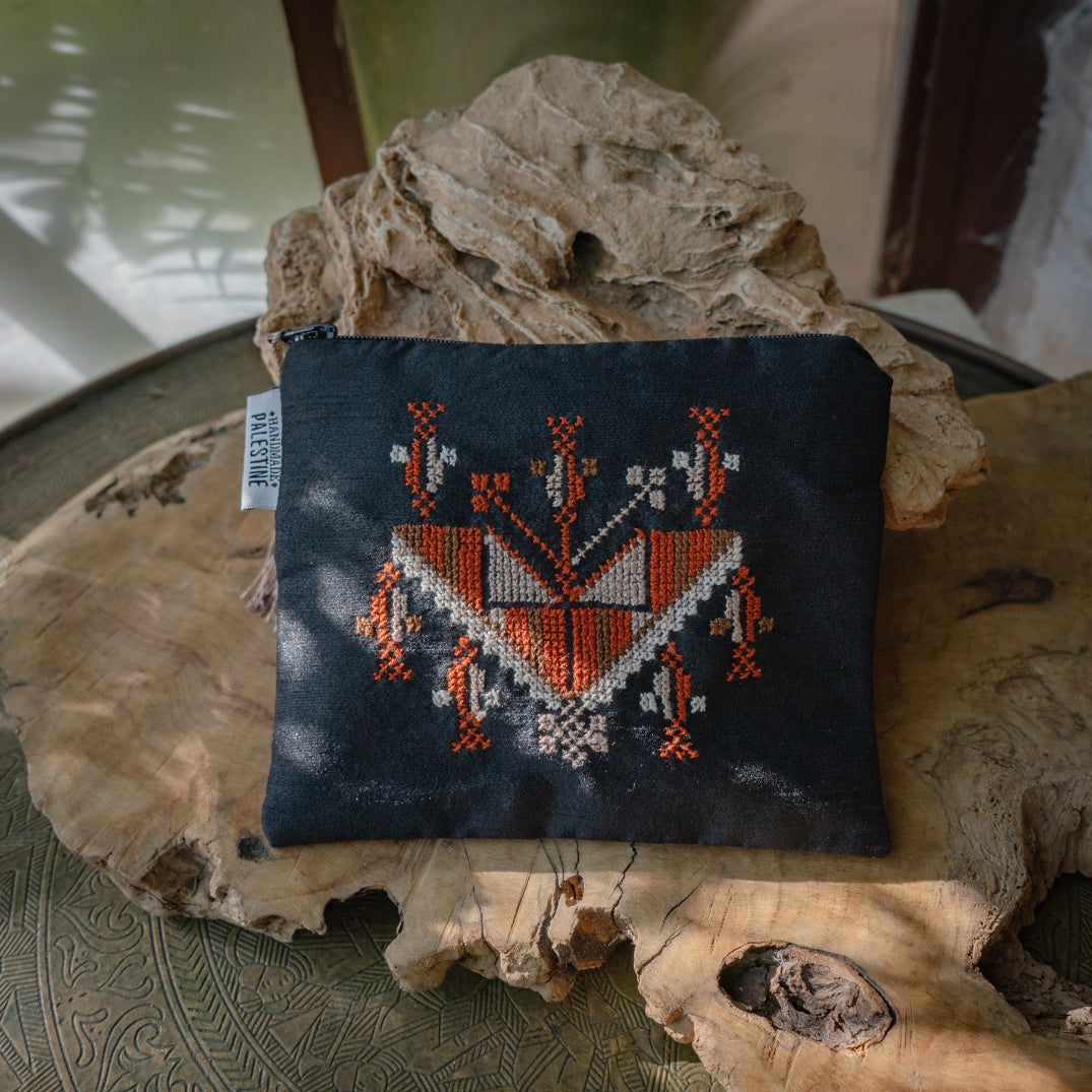Traditional Gaza Stitch on Silk in Blacks and Greys| Palestinian Tatreez Pouch