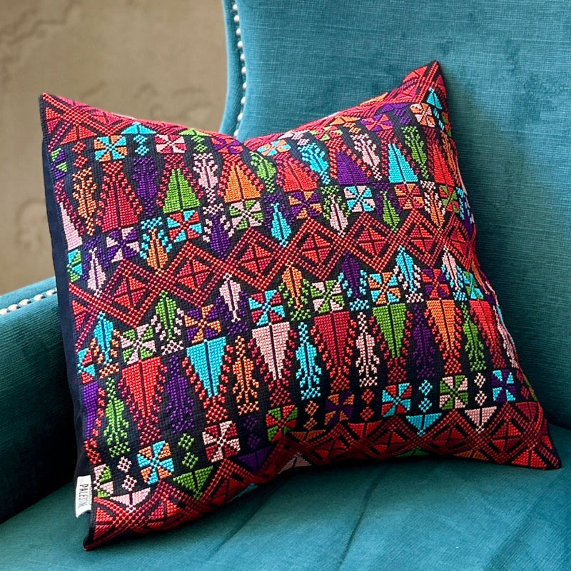Vibrant Colored Tatreez on Black Cushion Cover from Palestine | Palestinian Embroidery