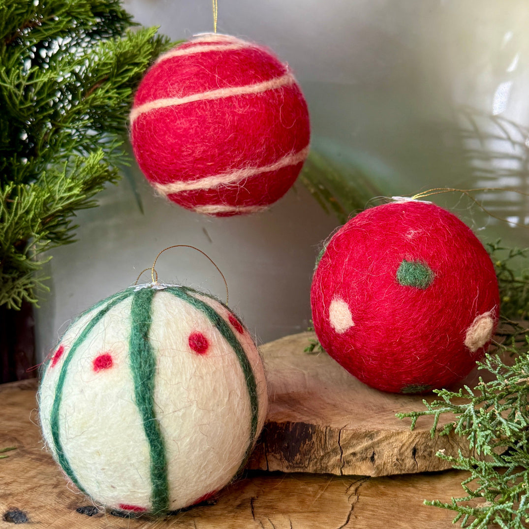 Hand Crafted Felted Wool Christmas Balls | Set of 3 Baubles | Ornaments Handcrafted from Bethlehem