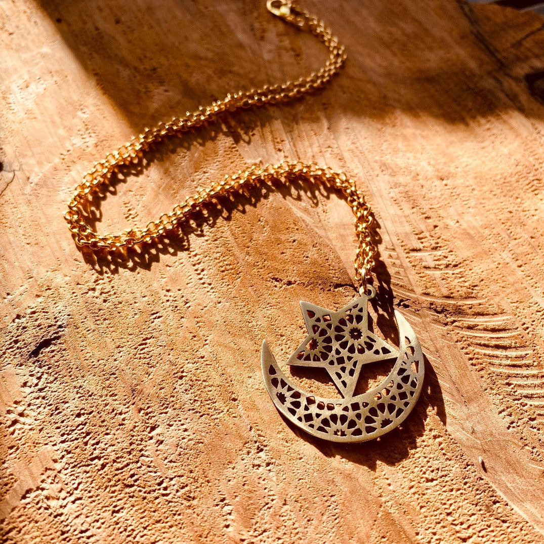 Final Sale: Arabesque Crescent Moon and Star Jewelry | Muslim Brass Necklace
