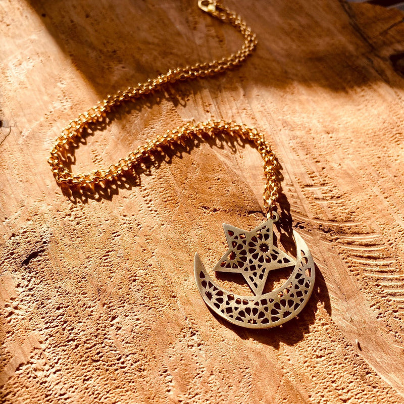 Final Sale: Arabesque Crescent Moon and Star Jewelry | Muslim Brass Necklace