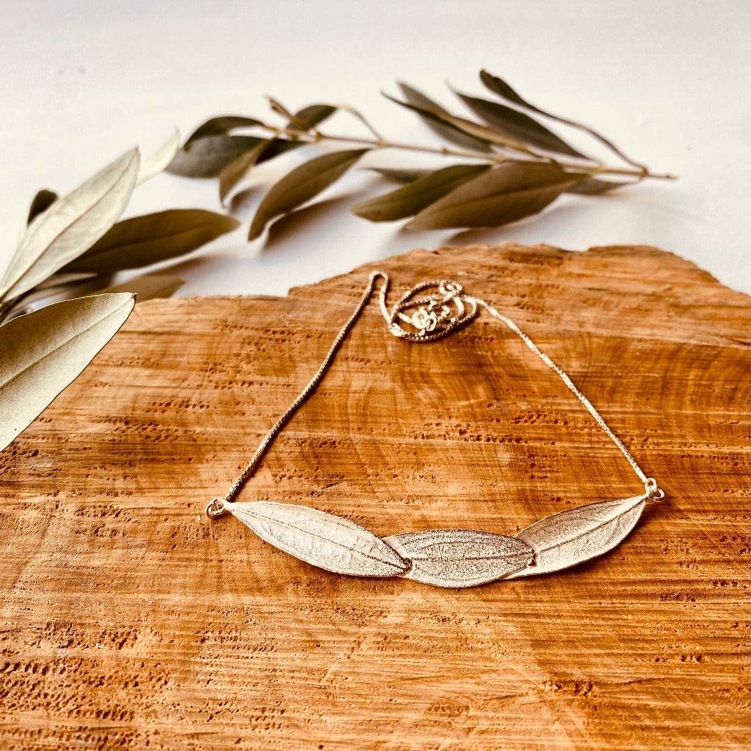 Hand Crafted Sterling Silver Necklace with 3 Olive Leaves-Arched